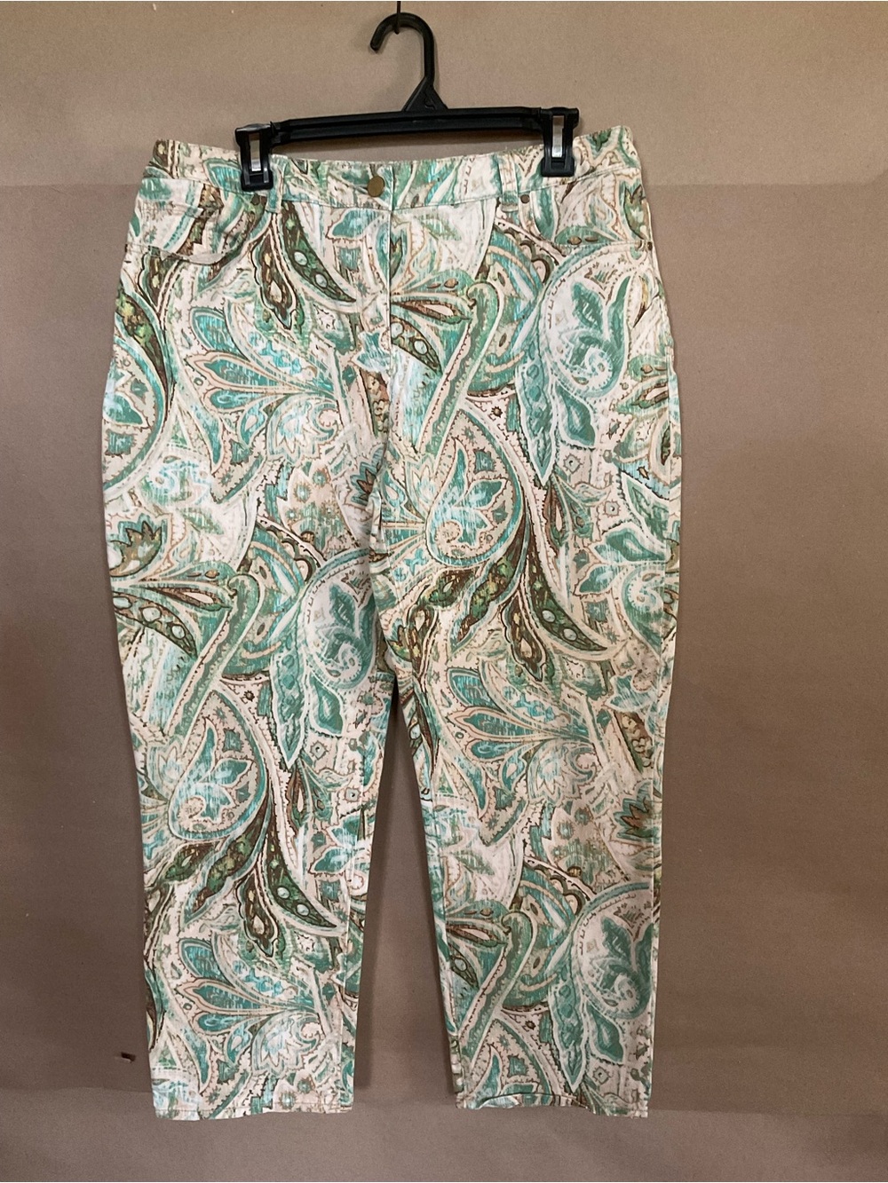 Chico’s Paisley Print Cropped Pants in Mint & Taupe. Size 2